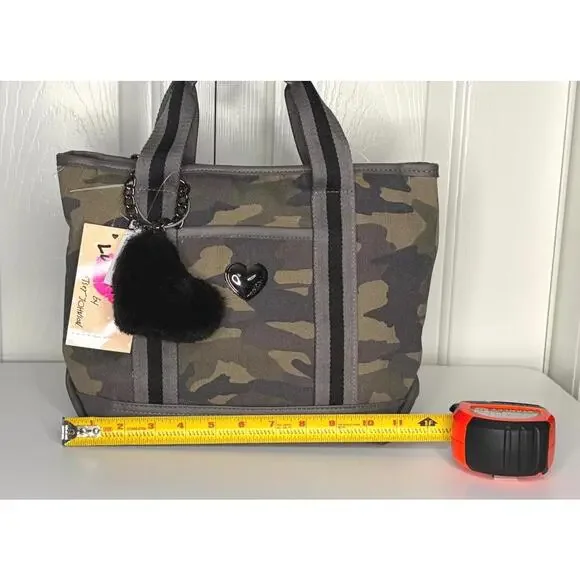 Betsey Johnson Camo Tote Bag with Heart Charm & Fuzzy Pom – NWT